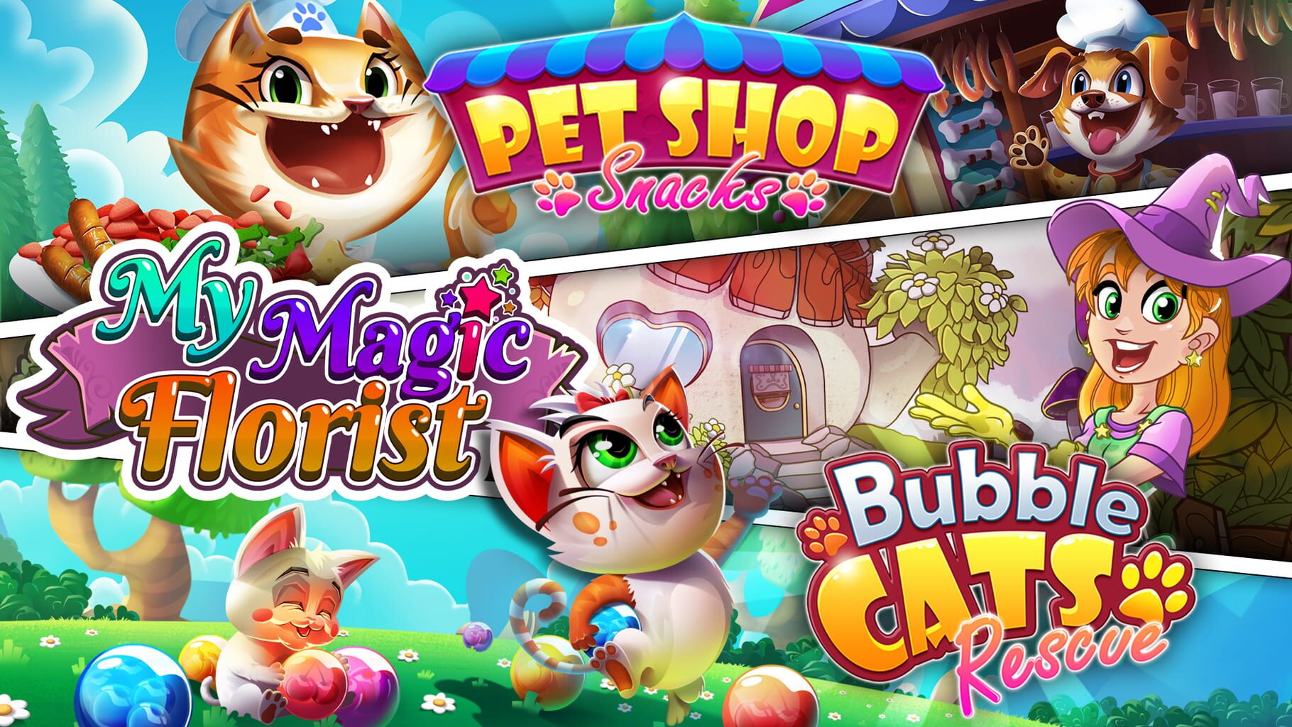 Family Games Bundle: My Magic Florist + Pet Shop Snacks + Bubble Cats Rescue artwork