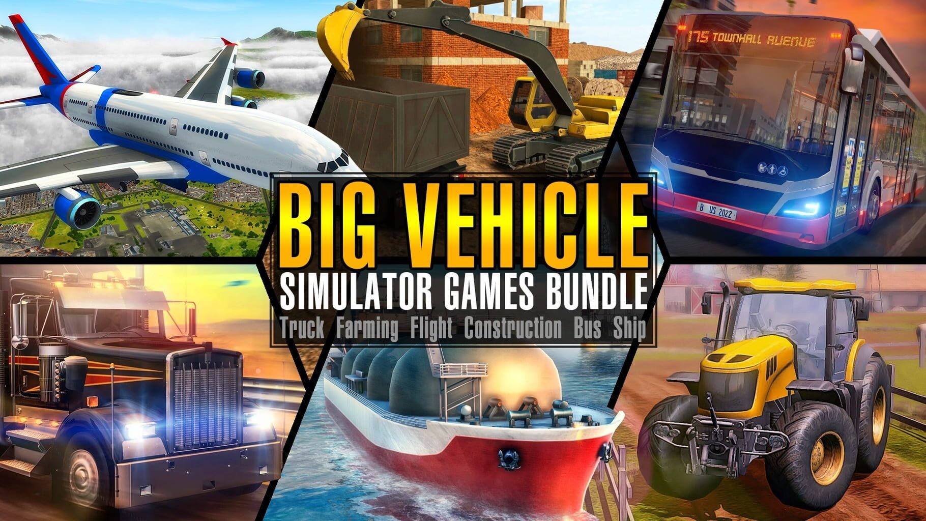 Big Vehicle Simulator Games Bundle: Truck Farming Flight Construction Bus Ship artwork
