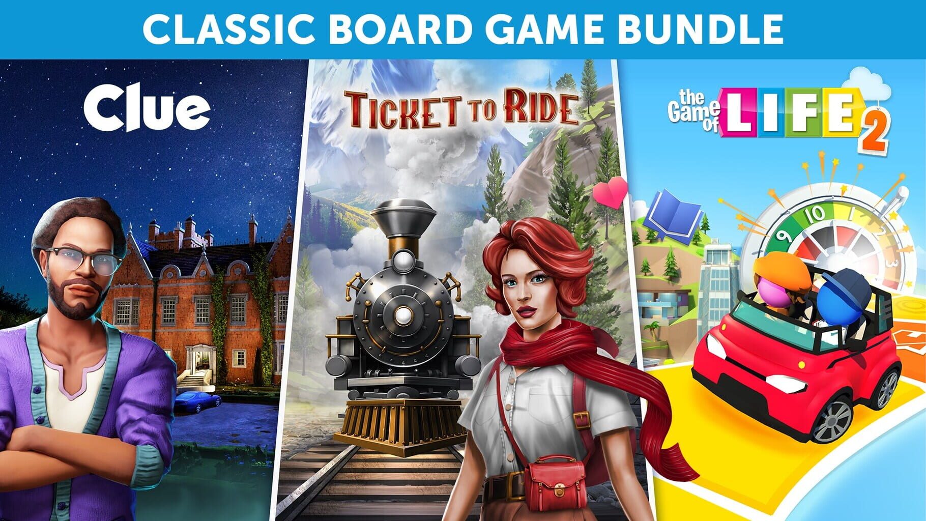 Arte - Ticket to Ride, Clue and The Game of Life 2: Classic Board Game Bundle