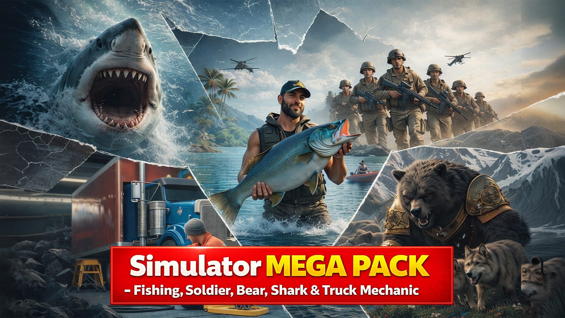 Artwork for Simulator Mega Pack: Fishing, Soldier, Bear, Shark & Truck Mechanic