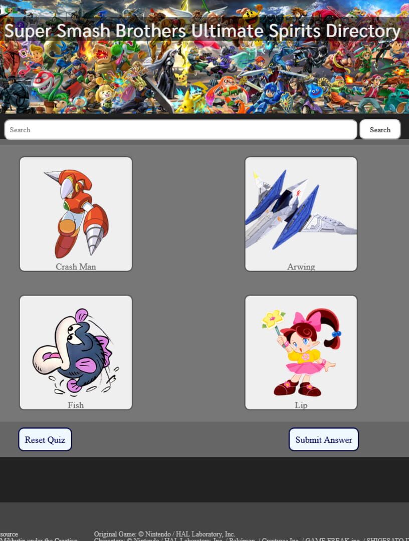 Super Smash Brothers Ultimate Spirit Directory: Quiz Game
