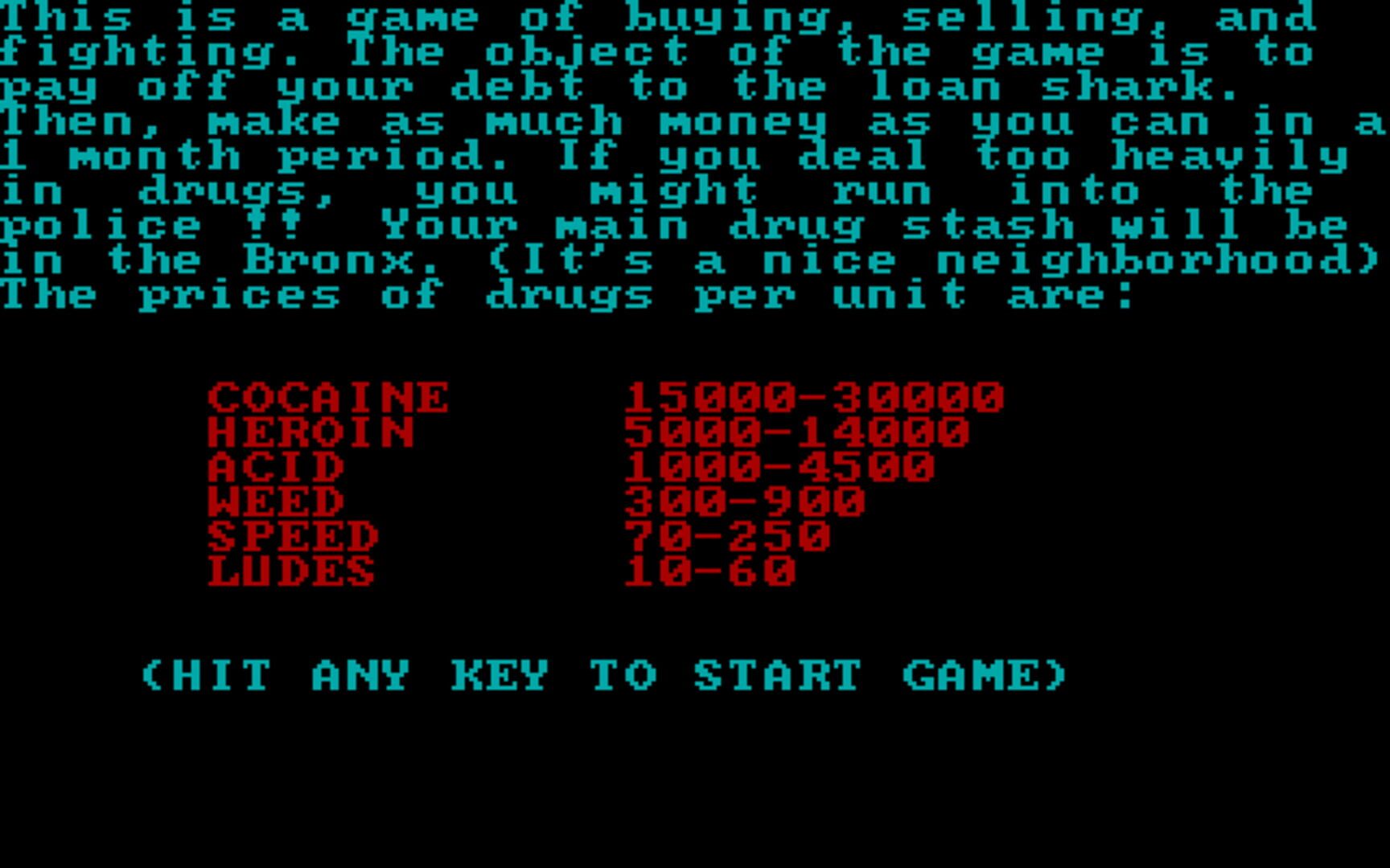 Drug Wars: A Game Based on the New York Drug Market - Screenshot