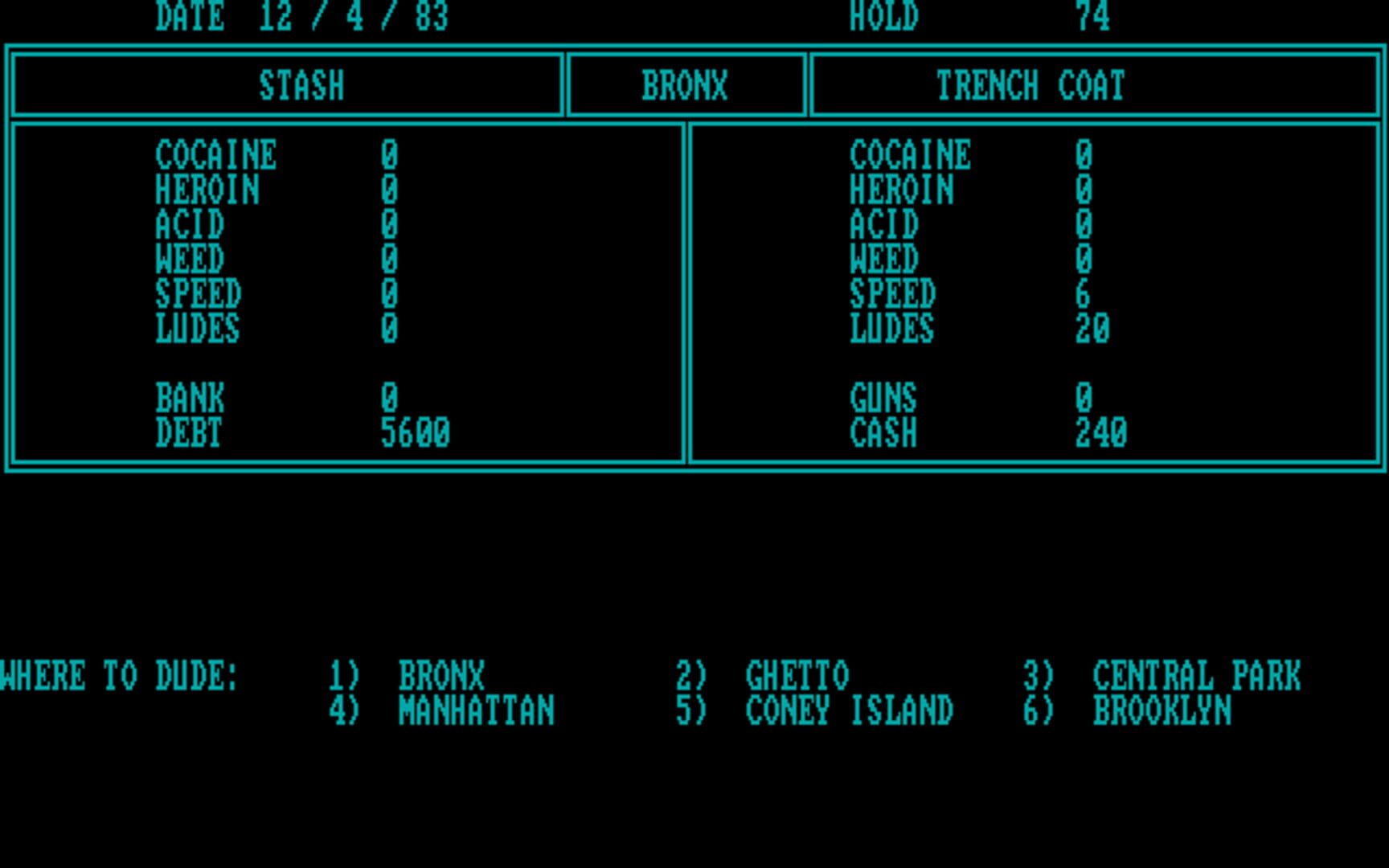 Drug Wars: A Game Based on the New York Drug Market - Screenshot