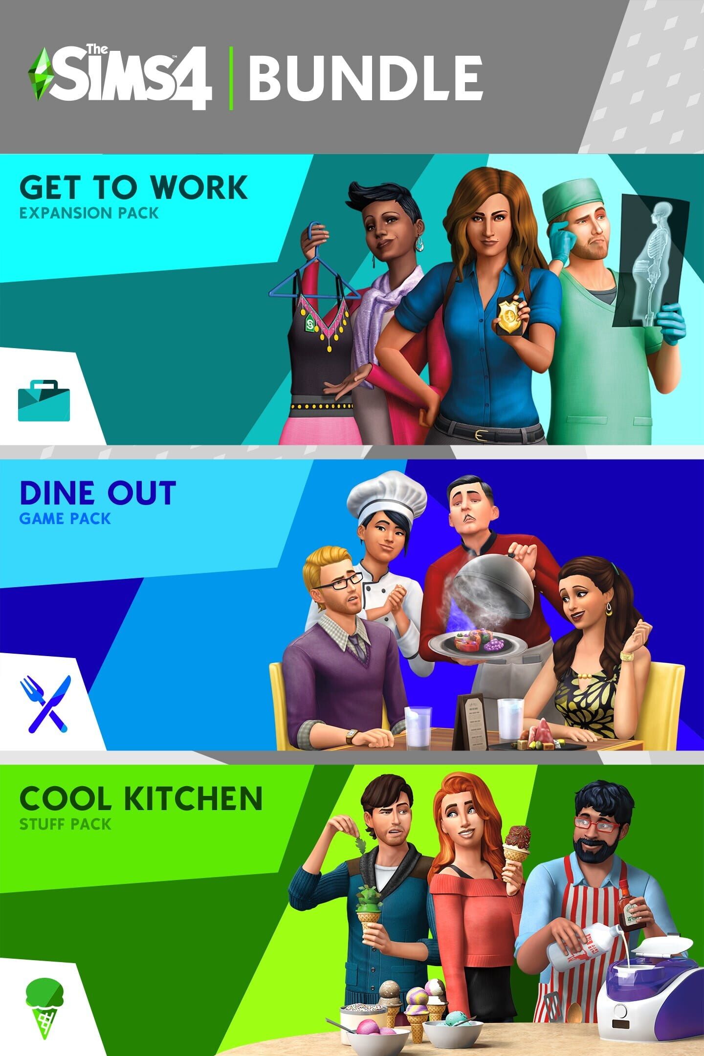 The Sims 4: Bundle - Get to Work, Dine Out, Cool Kitchen Stuff cover