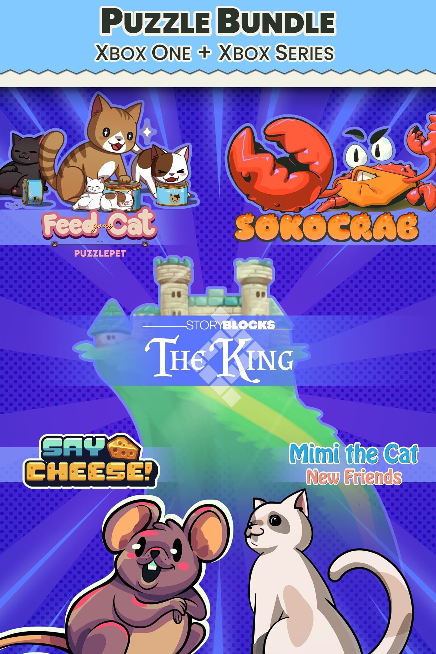 Puzzle Bundle Xbox: PuzzlePet - Feed Your Cat, Say Cheese, Mimi the Cat: New Friends, Story Blocks: The King and Sokocrab cover