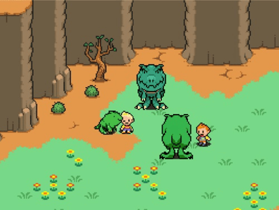 Lucas e Claus perto de criaturas verdes em uma cena do jogo original MOTHER 3 para Game Boy Advance