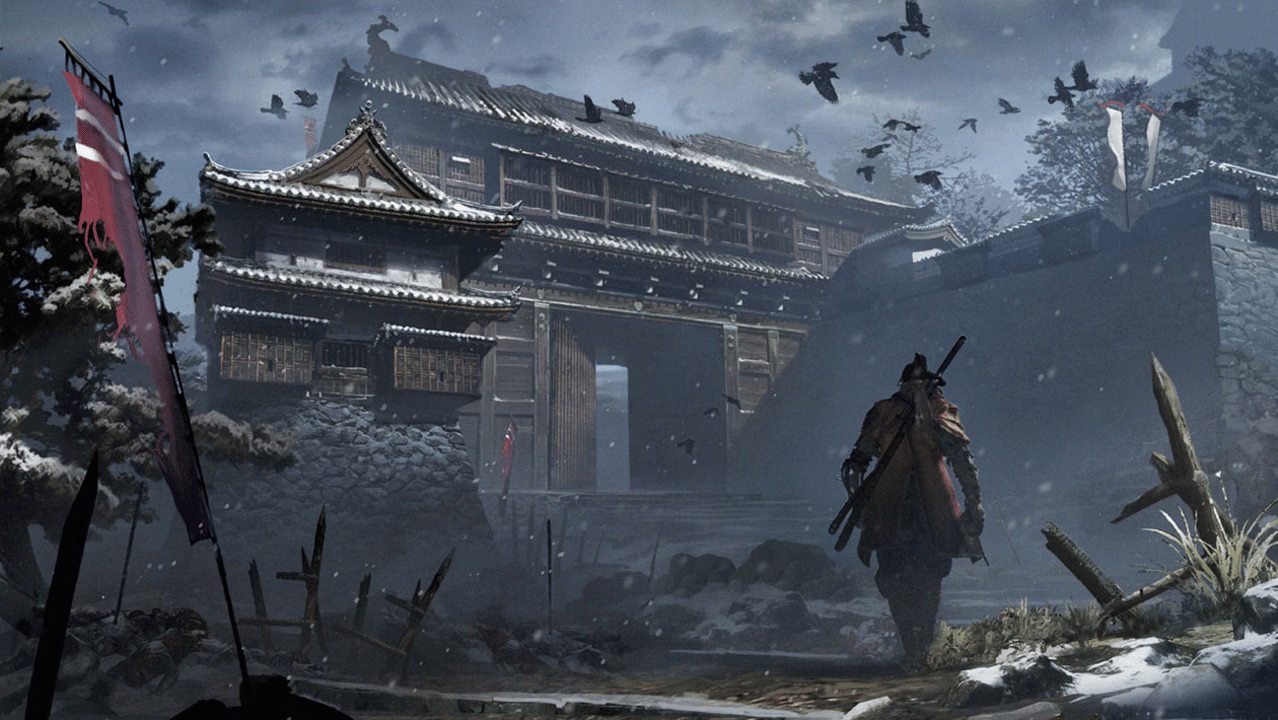 Sekiro environment screenshot of a snowy gate approach with dark atmosphere