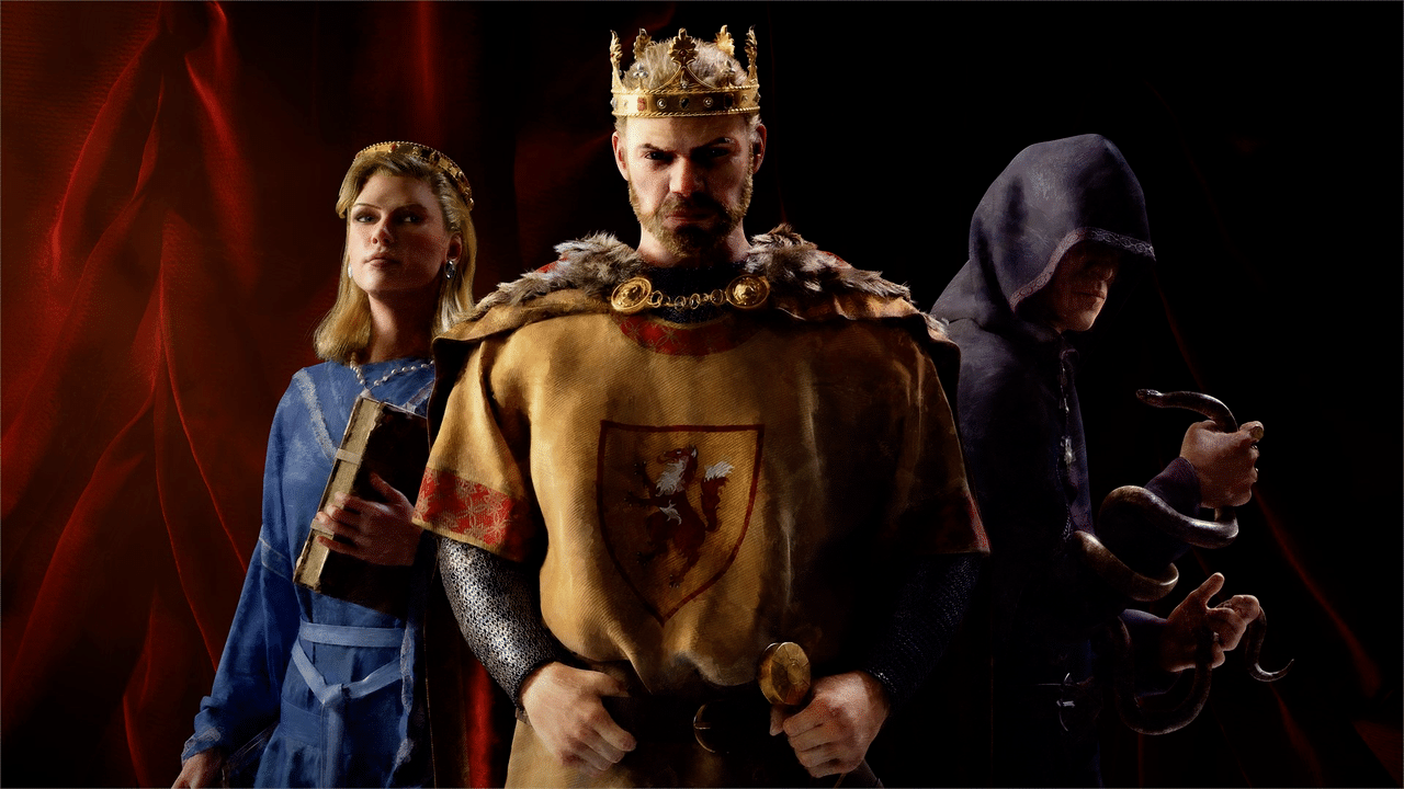 Official Crusader Kings III artwork with king, queen and schemer representing dynasty marriages and political alliances