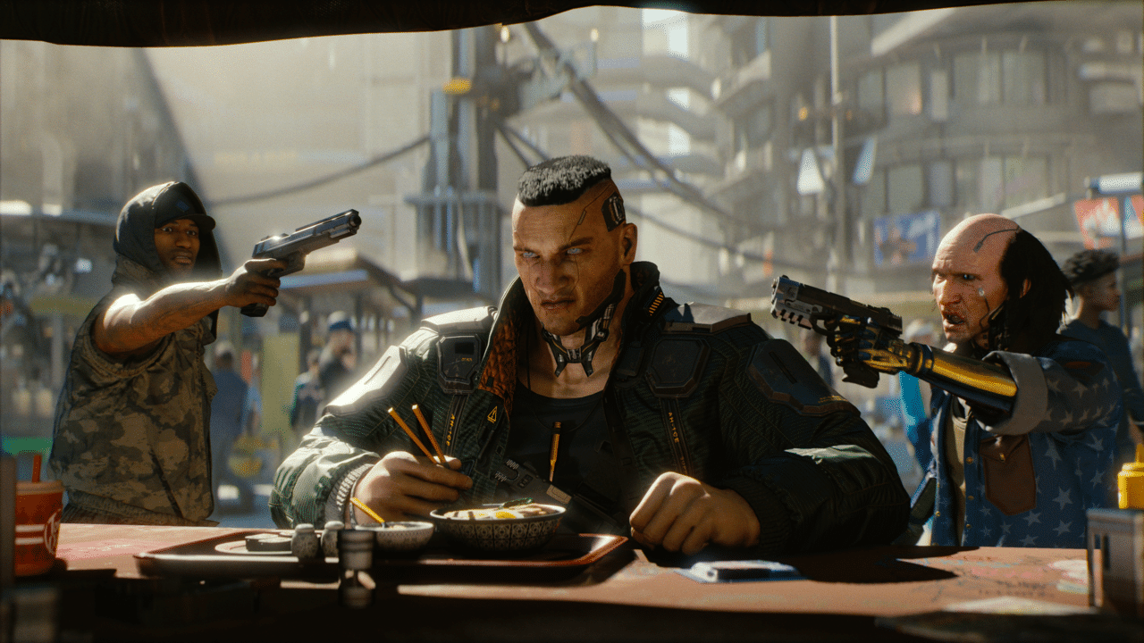 Cyberpunk 2077 city scene for testing a Sandevistan build on street gigs before hard missions