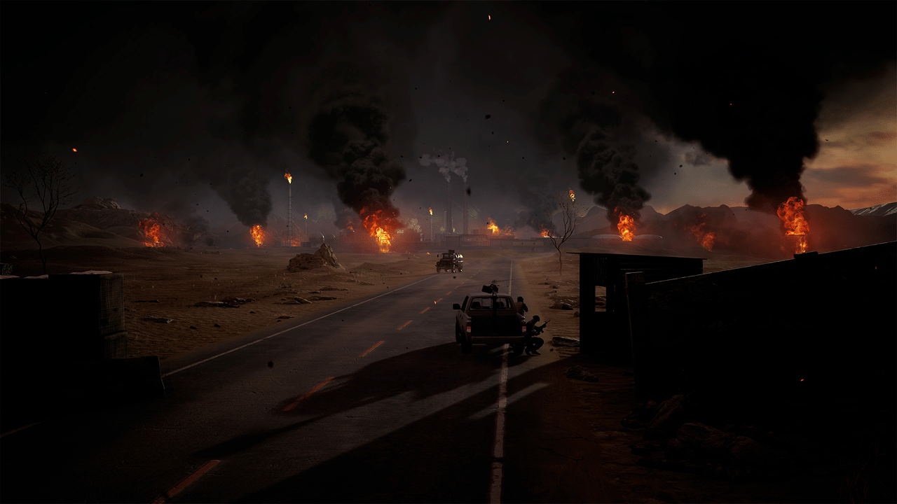 طريق سريع مشتعل ومركبات ضمن أجواء المعركة في Insurgency: Sandstorm