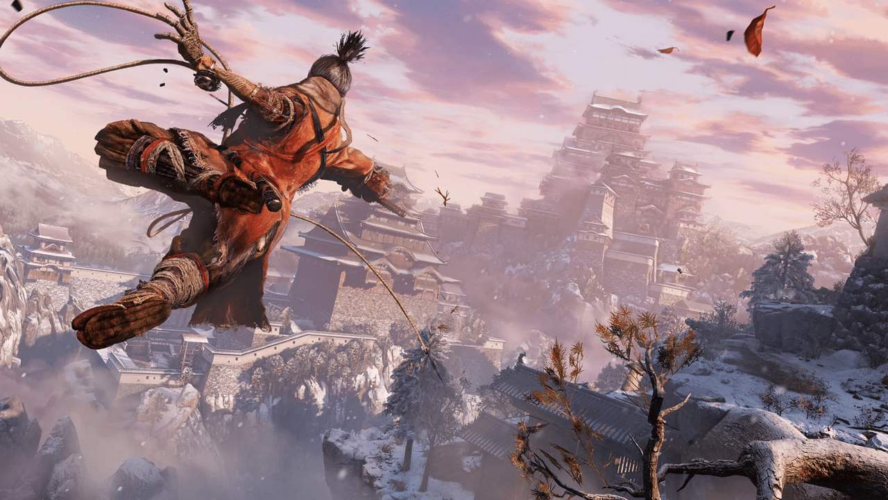 Sekiro gameplay screenshot showing grappling hook traversal above a castle valley