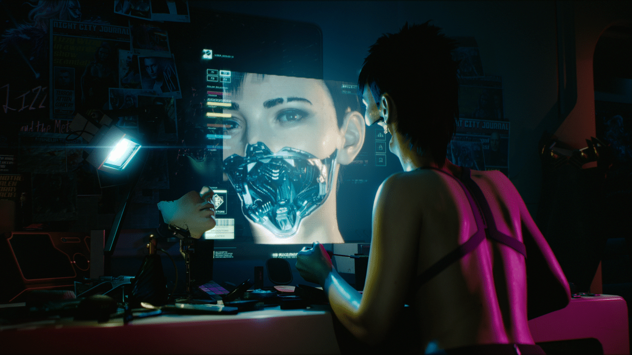 Cyberpunk 2077 character facing a cybernetic projection before a difficult gig