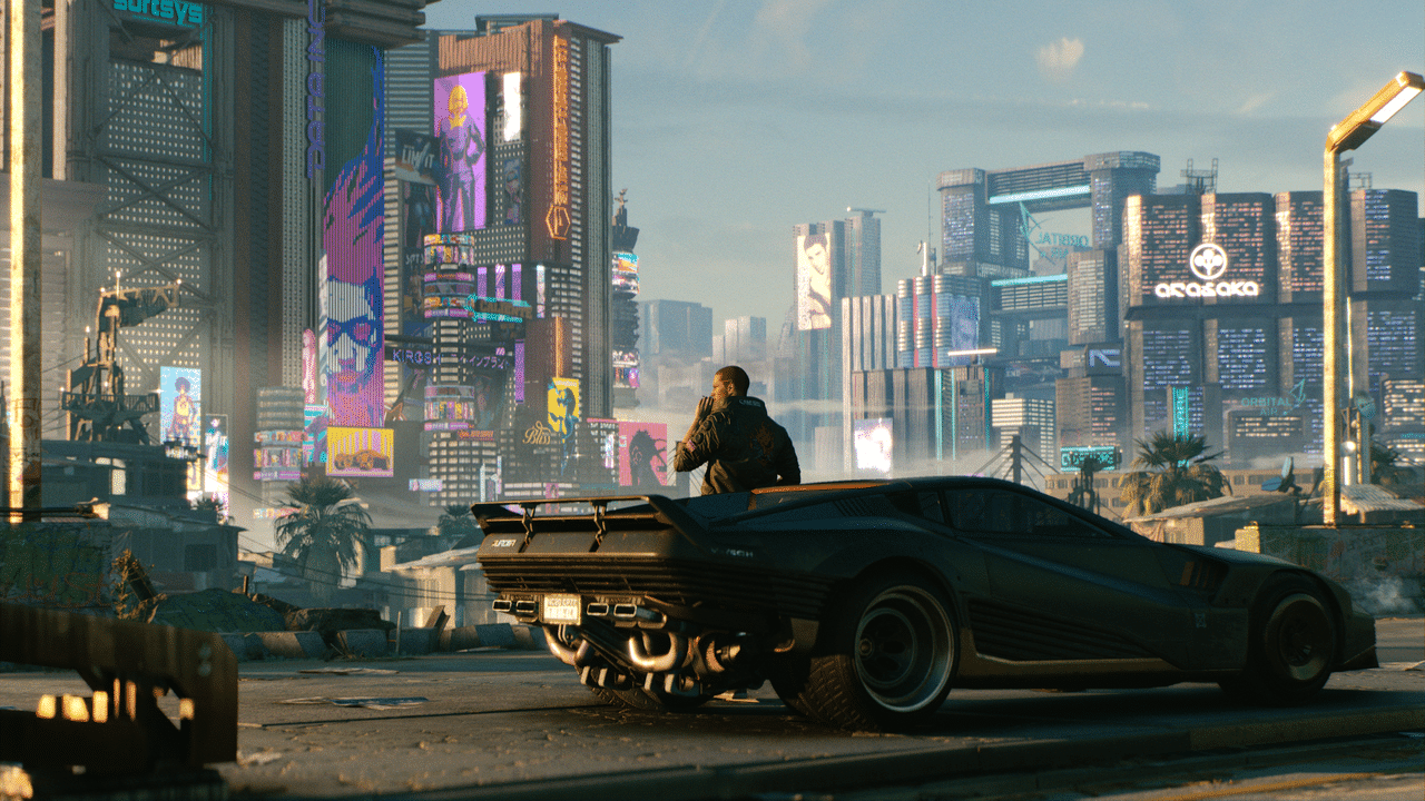 Night City view in Cyberpunk 2077 with a car in the foreground for a mobile Sandevistan build