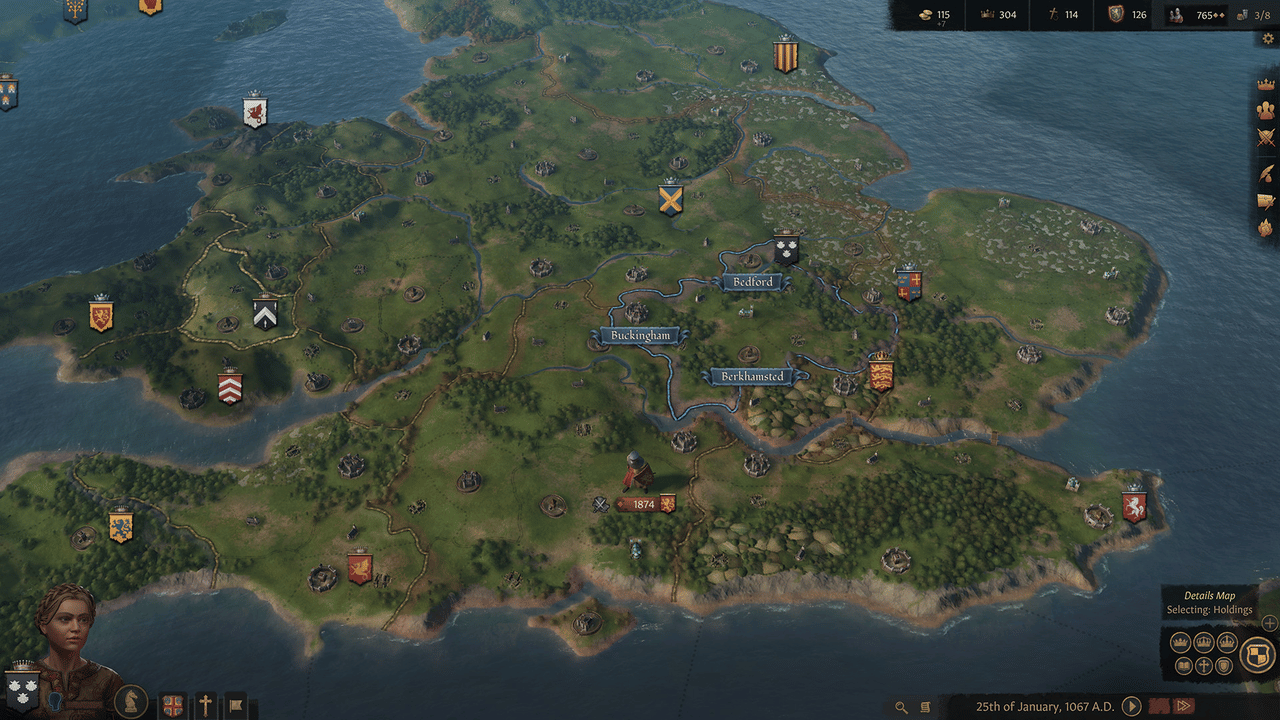 Political map in Crusader Kings III showing nearby English counties to compare before launching a claim war