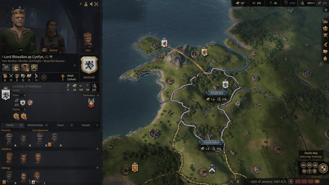 Crusader Kings III character interface showing spouse, heirs and children before succession
