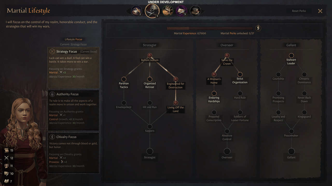 Martial lifestyle tree in Crusader Kings III showing perk choices for safer early wars