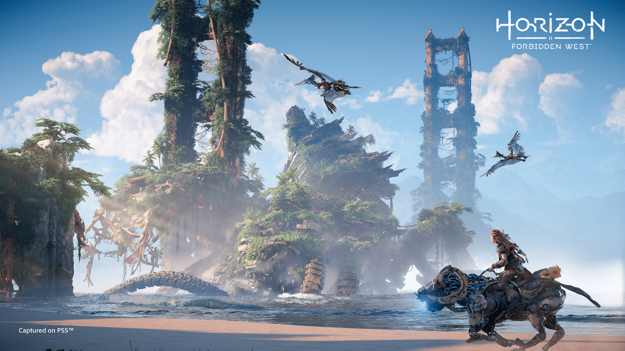 Gameplay screenshot: mounted travel along the coast