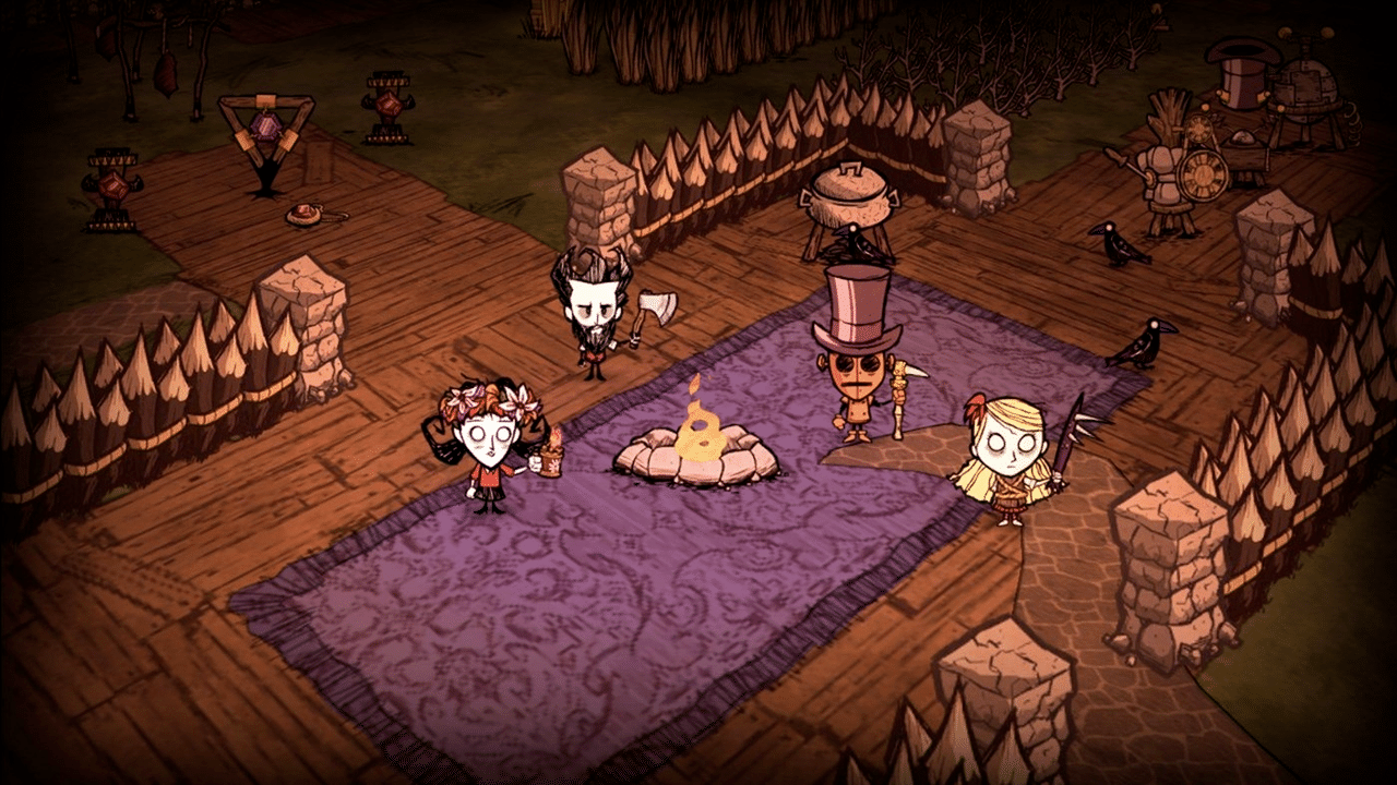 Gameplay screenshot: building a camp in Don't Starve Together
