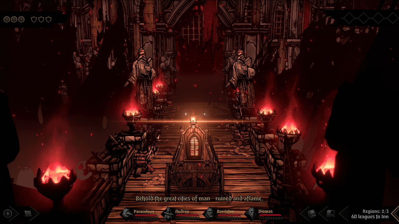 لقطة لعب تُظهر رحلة العربة في Darkest Dungeon II
