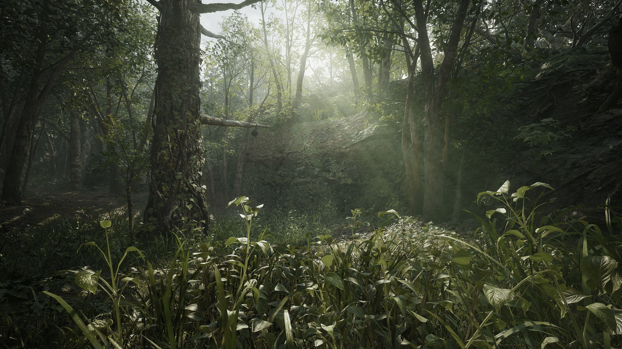 بيئة الغابة وإضاءة الشمس بين الأشجار في Metal Gear Solid Δ: Snake Eater