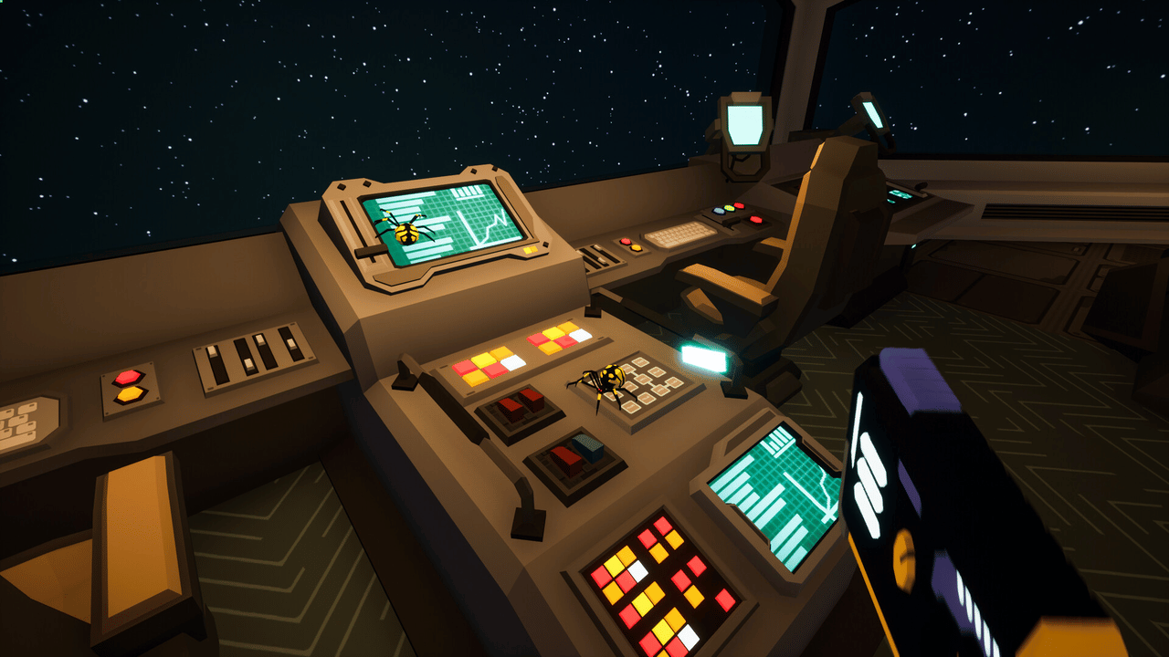Kill It With Fire 2 space control room with glowing panels and a spider on a console