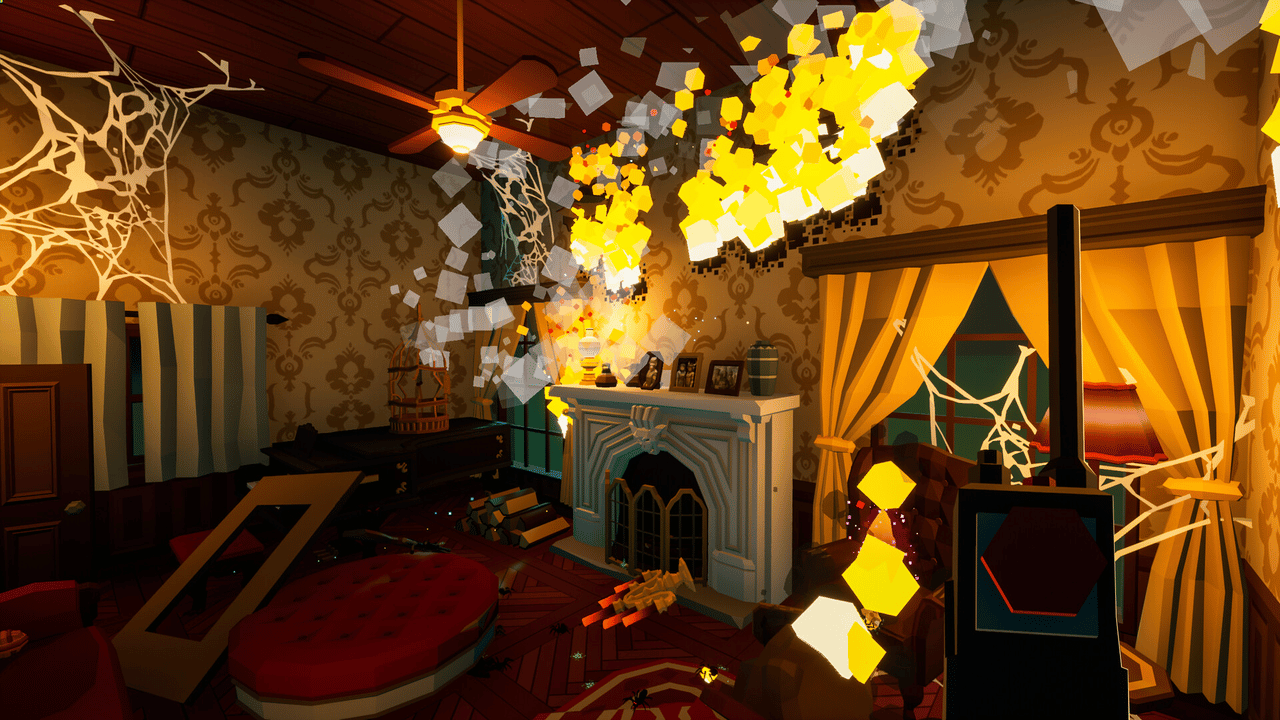 Kill It With Fire 2 manor with webs and flames showing destructible spaces