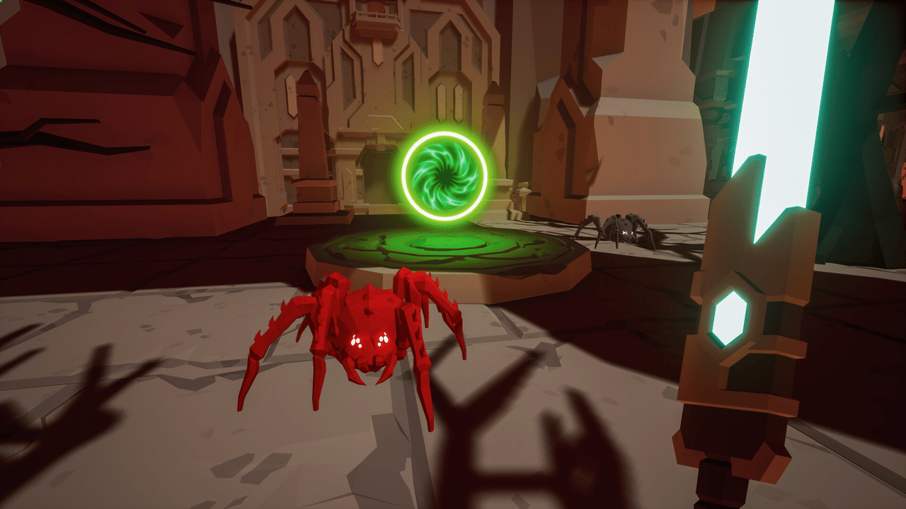 Kill It With Fire 2 Spider Hell area with red spiders, a green portal and a glowing weapon