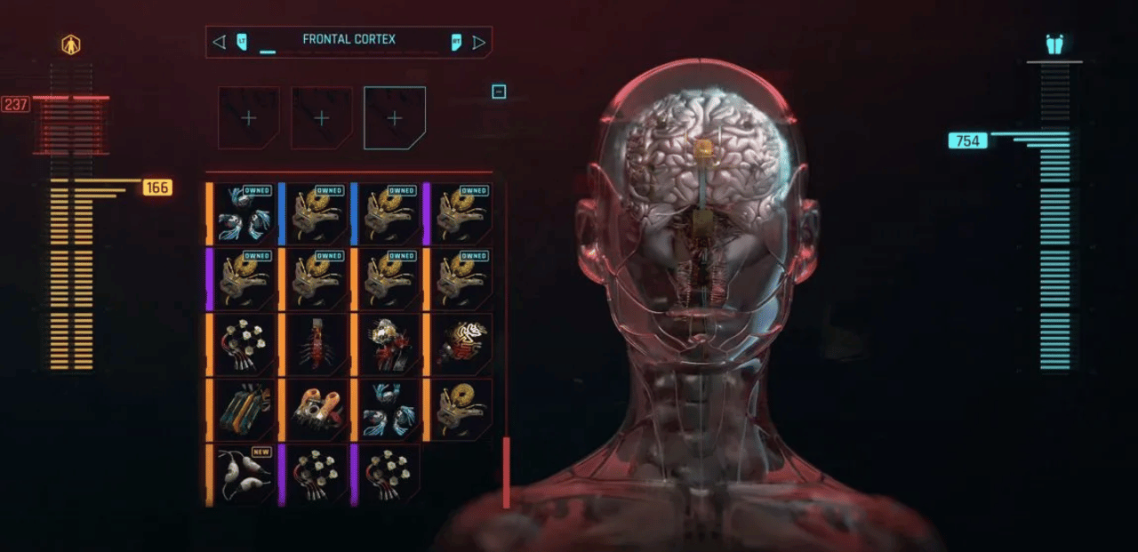 Cyberpunk 2077 cyberware menu with implants to optimize before a Sandevistan build