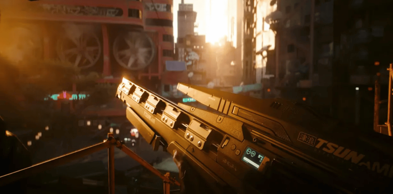Cyberpunk 2077 firearm aimed over Night City for the backup gun in a Sandevistan build