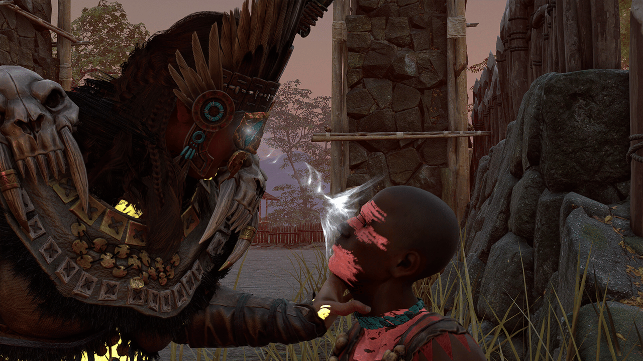 Soulmask recruitment scene with a masked character subduing an enemy to add a useful tribe member