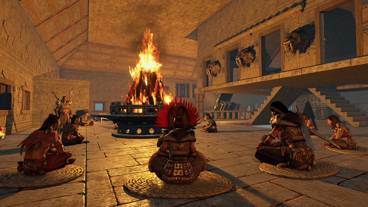 Large Soulmask bonfire inside a clan hall used to protect buildings and organize tribesmen