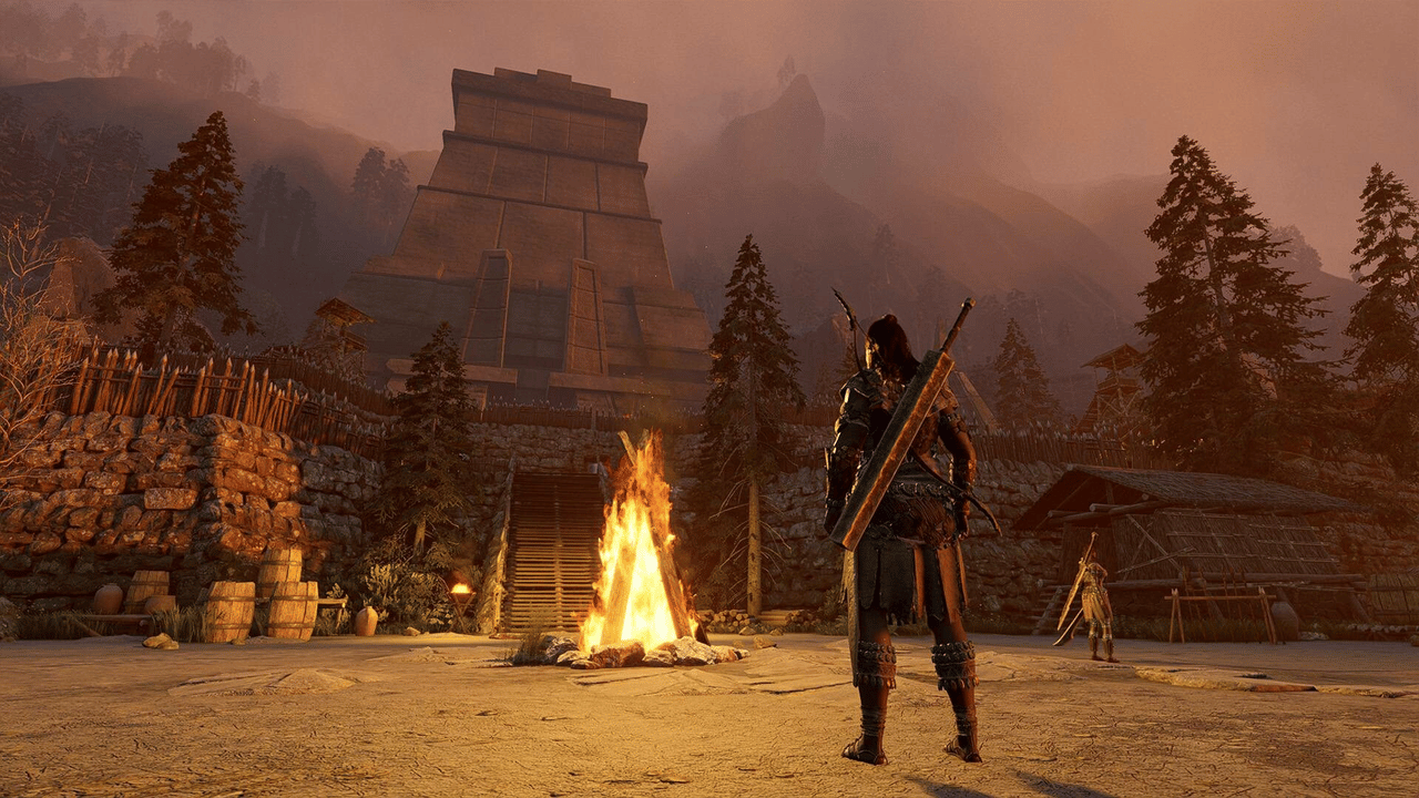 Outdoor bonfire before a large Soulmask structure showing an advanced area to postpone until the base is ready