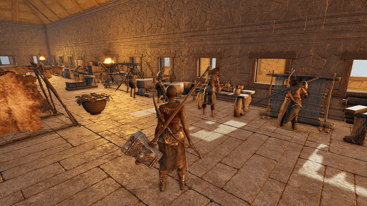 Soulmask indoor workshop with several crafting stations for automated tribe production