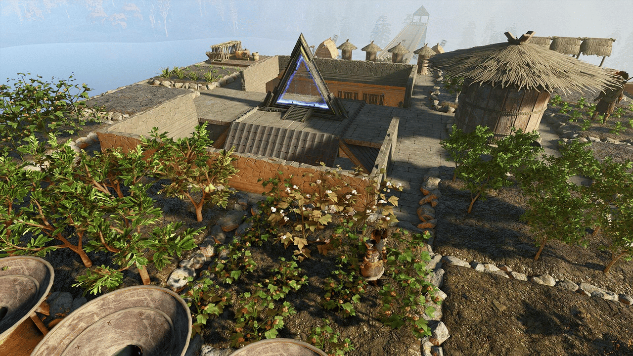 Organized Soulmask base with crops, buildings and a central structure for an expandable settlement