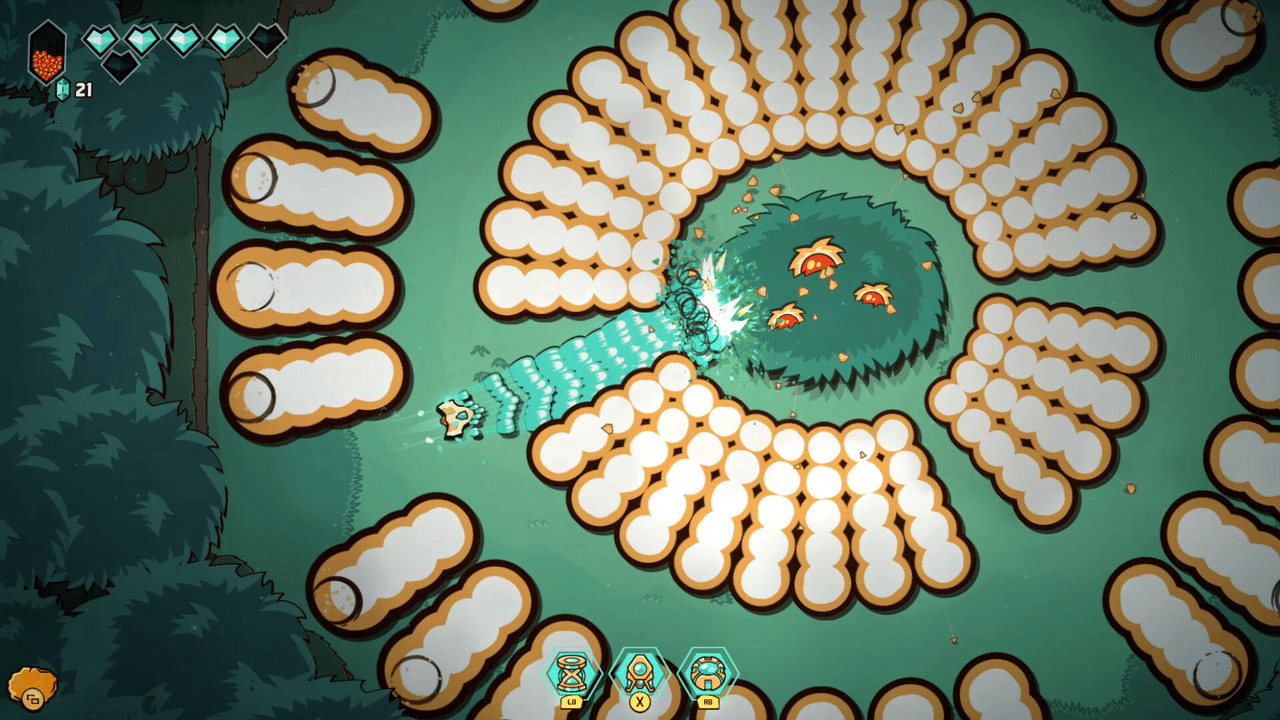 Combat screenshot from Minishoot' Adventures showing the ship firing a wider multi-bullet spread after an early gun upgrade.