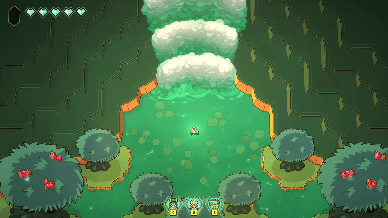 Screenshot of Minishoot' Adventures showing an early route blocked by an ability gate or tight passage, with alternate paths visible nearby.
