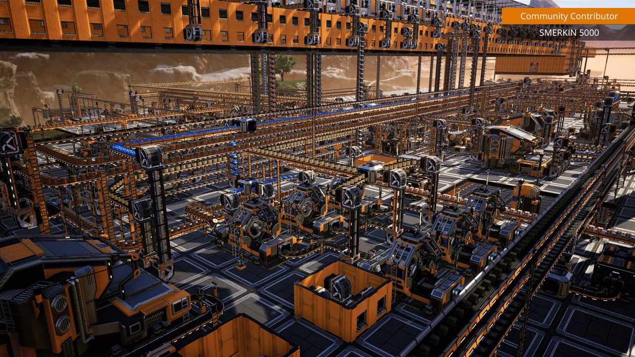 Large Satisfactory factory on foundations showing separated production lines and organized conveyor floors