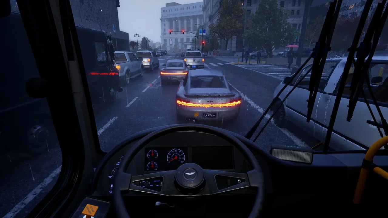 Bus Bound jízda městem v dešti