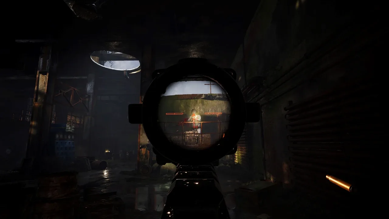 Through the assault rifle’s iron sights, the protagonist aims at a bandit inside a vast hangar