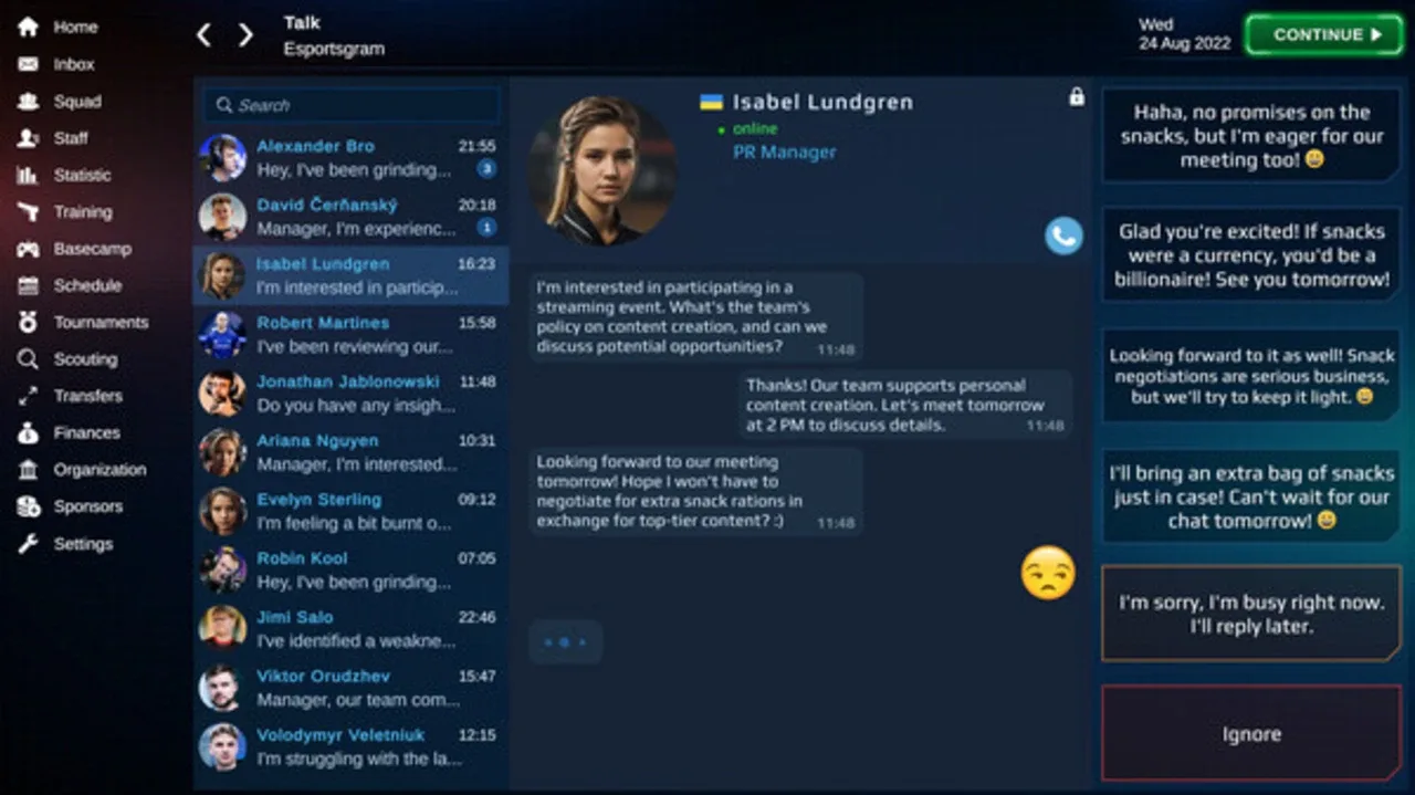 Přehledné rozhraní pro správy týmu v Esports Manager 2026