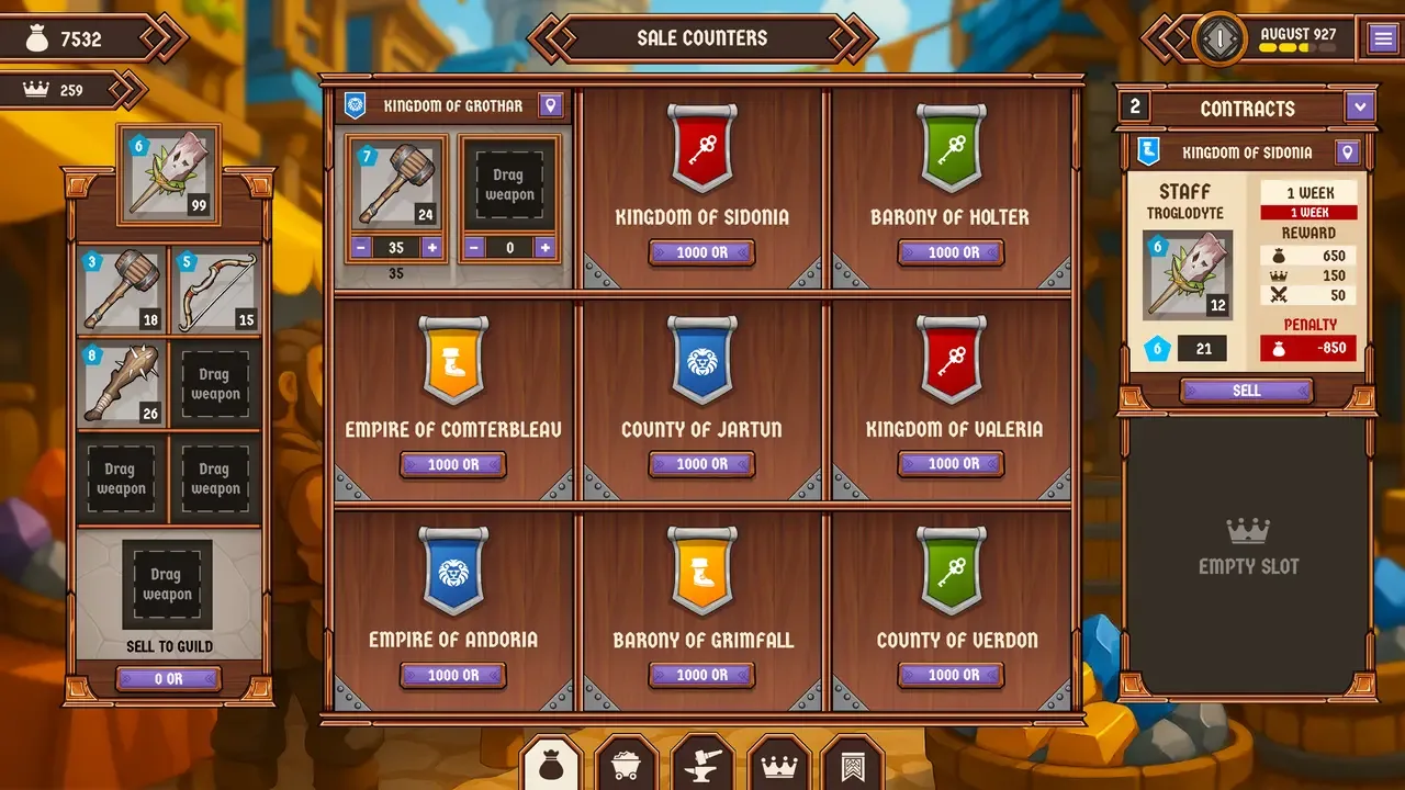 Pohled na rozestavěnou dílnu v Magic Forge Tycoon
