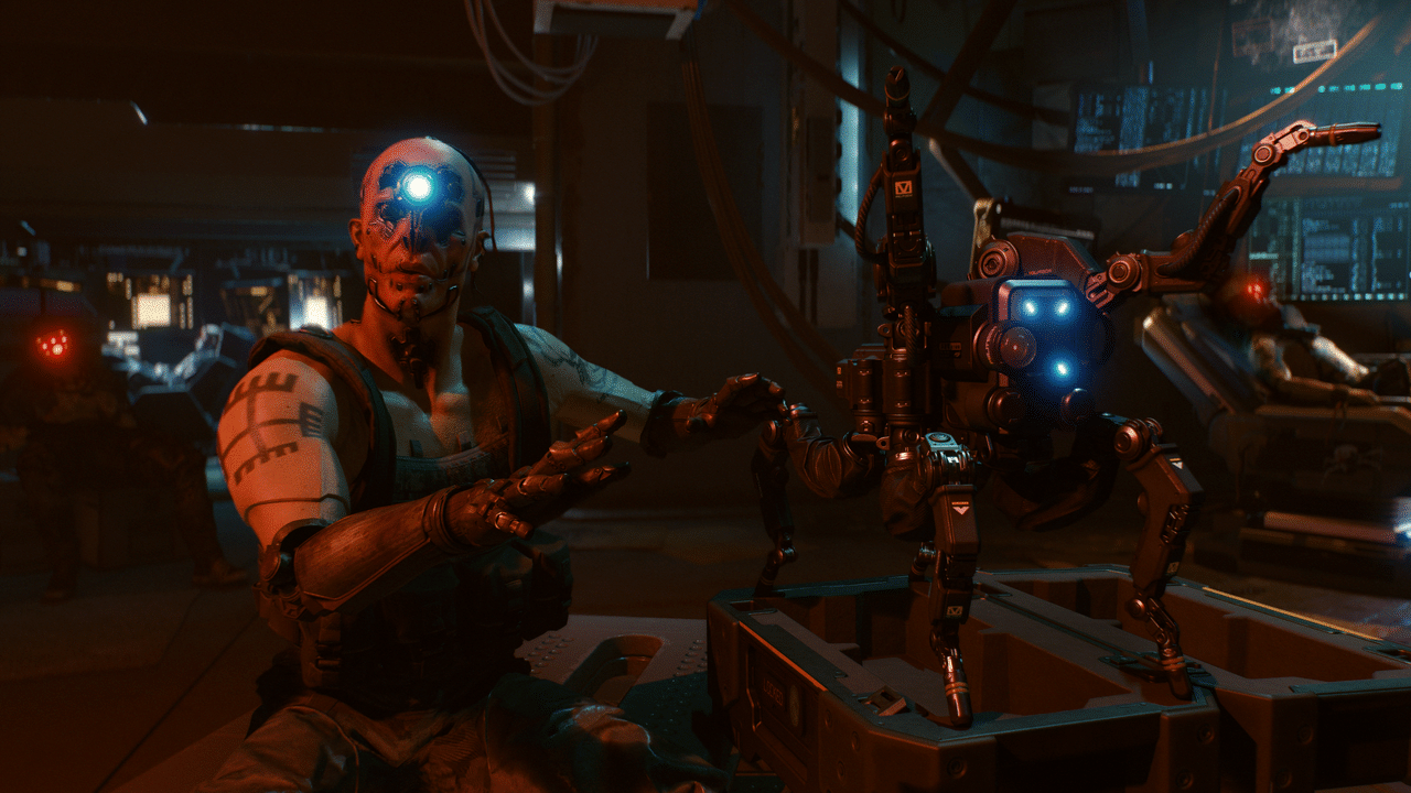 Cyberpunk 2077 workshop scene with implants and a drone before a ripperdoc upgrade