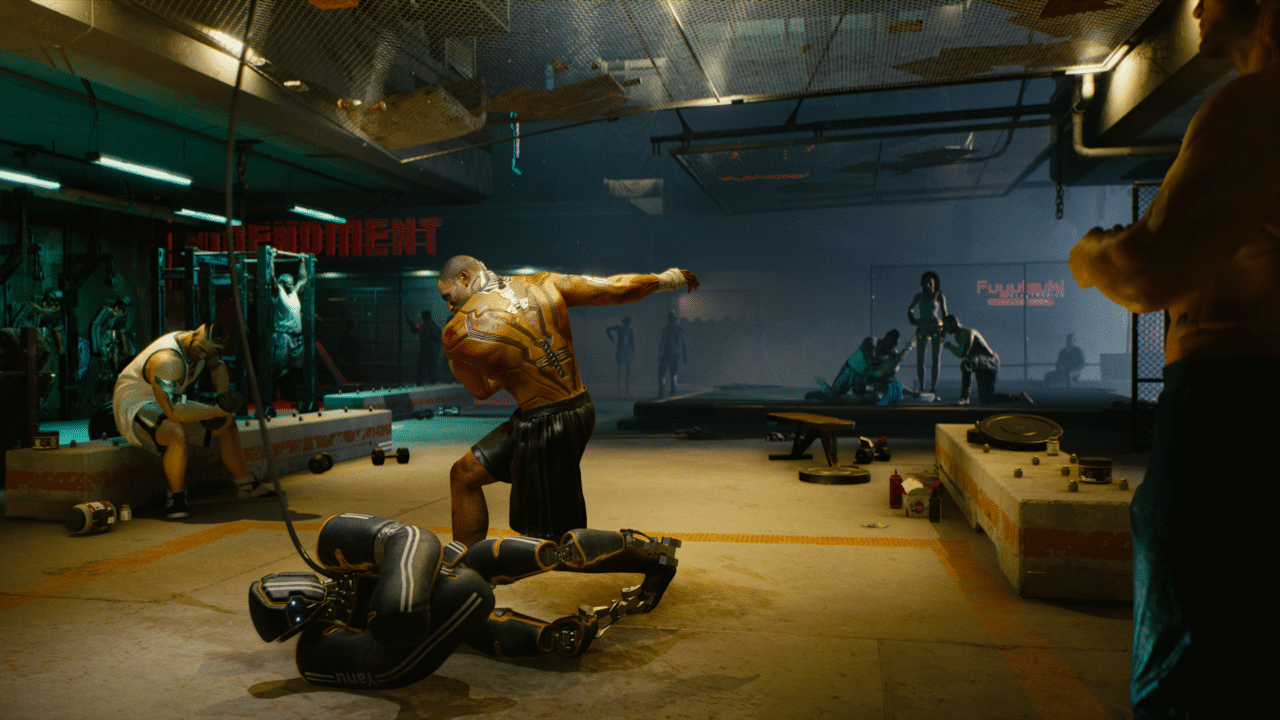 Cyberpunk 2077 combat room with an enemy down after a short Sandevistan melee engagement