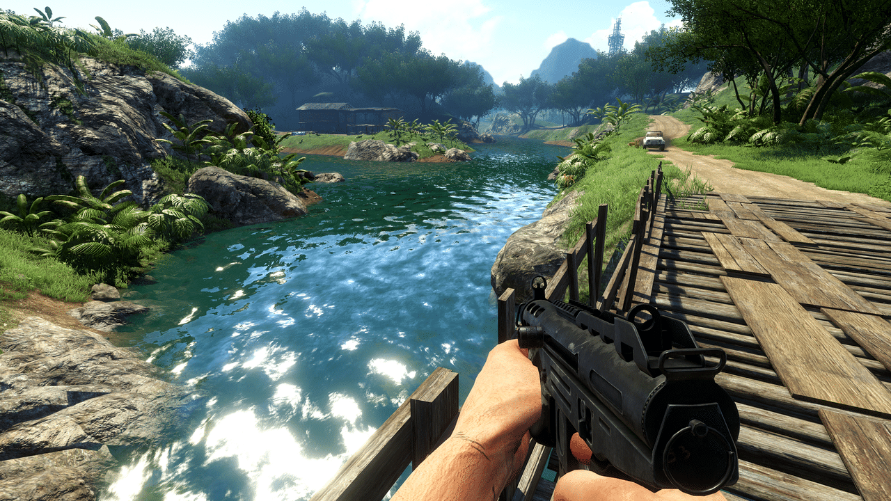 Far Cry 3 gameplay screenshot showing first-person combat in a tropical environment