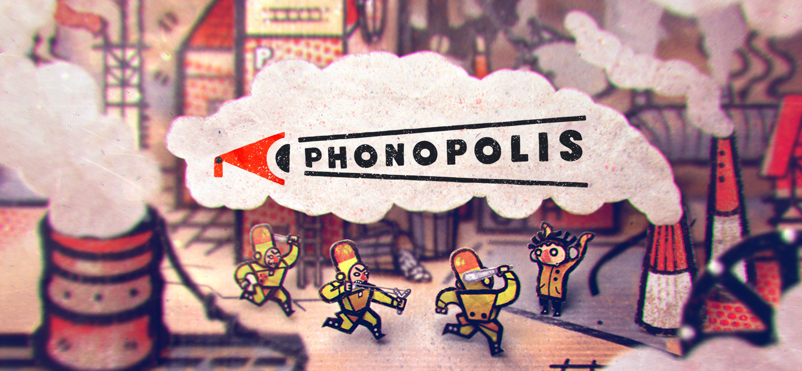 Phonopolis key art showing the game logo and Amanita Design cardboard city