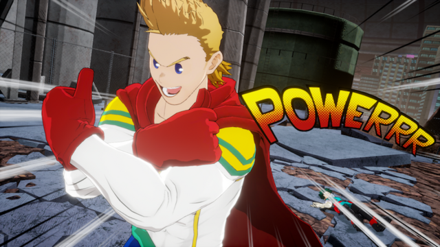 Mirio Togata i Lemillion-kostymet som sier "POWERRR!"