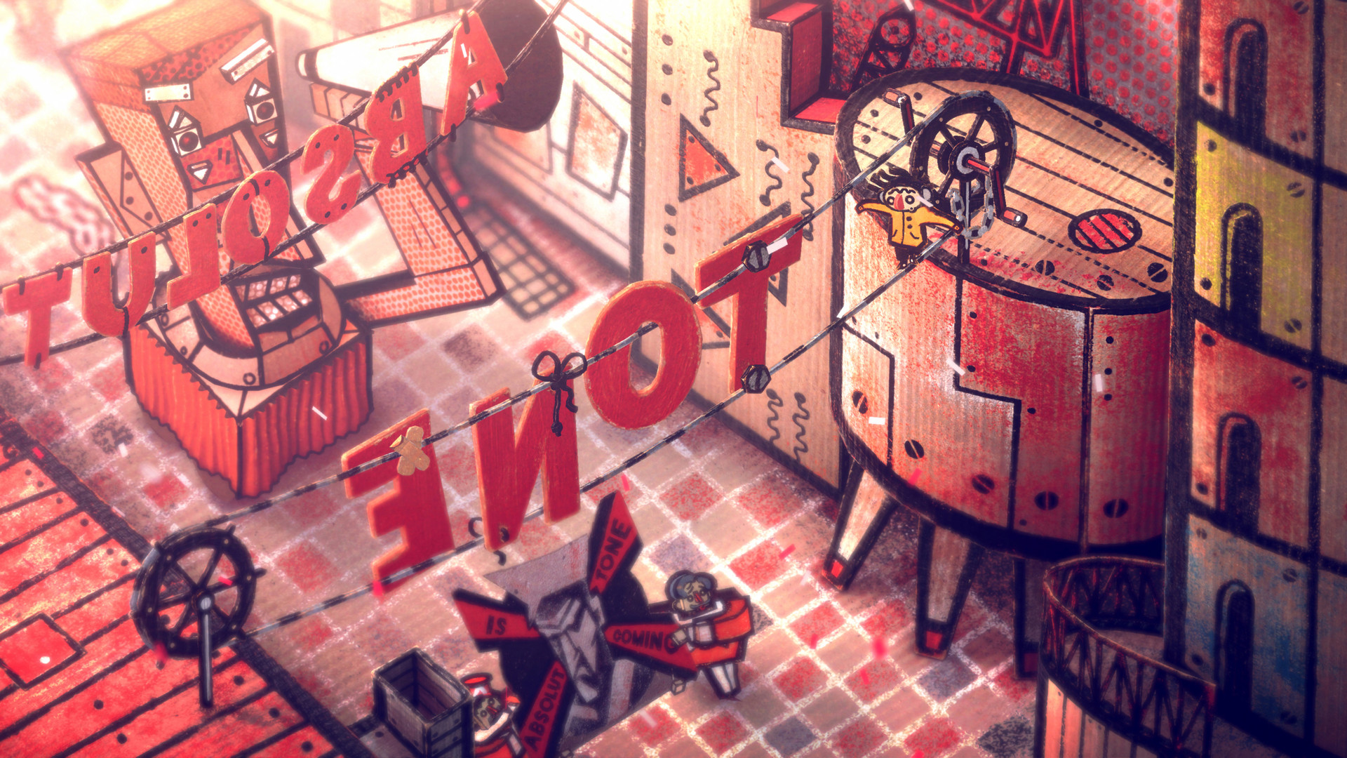 Phonopolis showing Felix in a red and white cardboard street