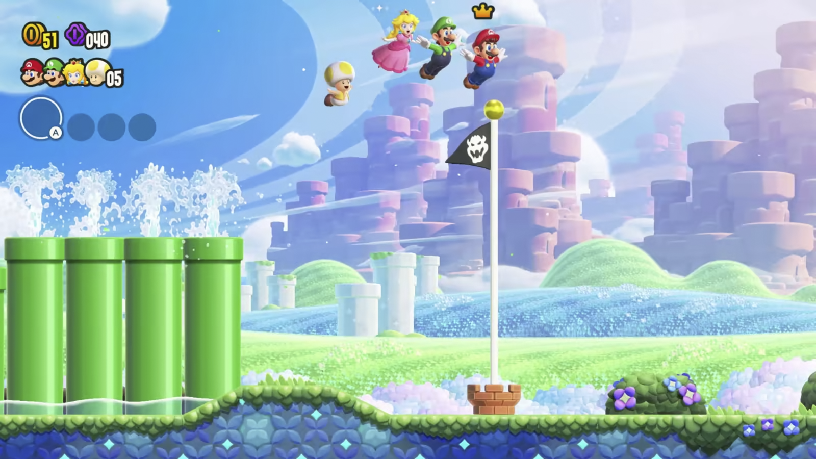 Mario, Luigi, Peach, and a Toad all jumping up on the top of a flag pole